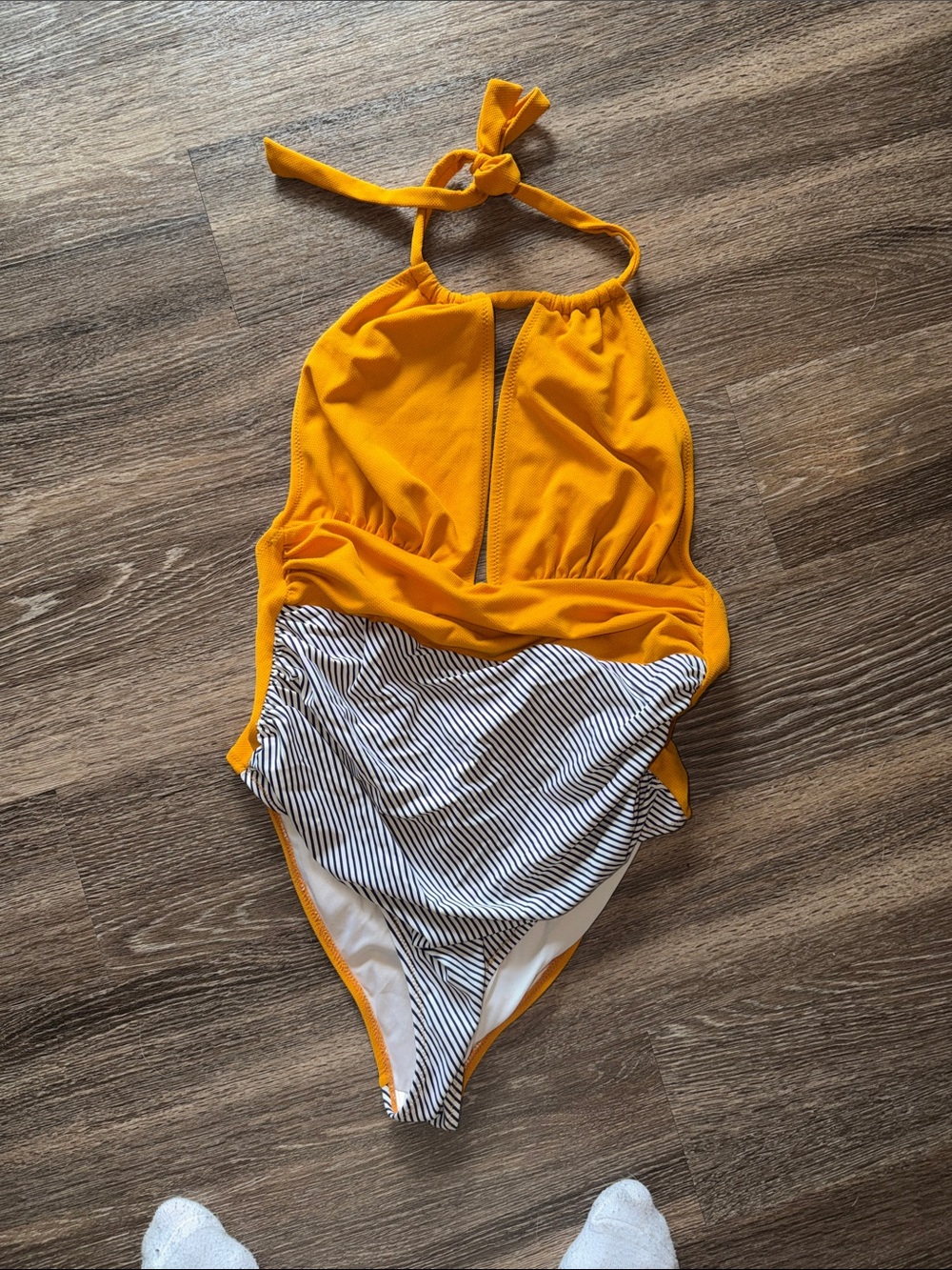 Cupshe Mustard Yellow Halter One-Piece Swimsuit with Black & White Stripe